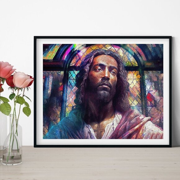 Jesus Stained Glass Wall Art Watercolor Oil Painting Print - Picture 3 of 6
